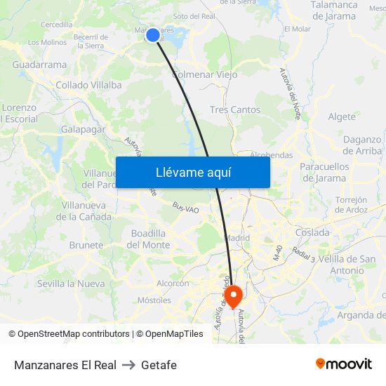 Manzanares El Real to Getafe map
