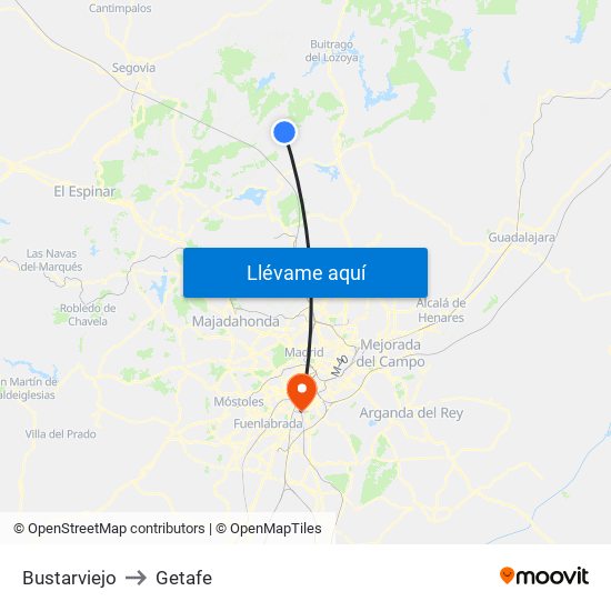 Bustarviejo to Getafe map