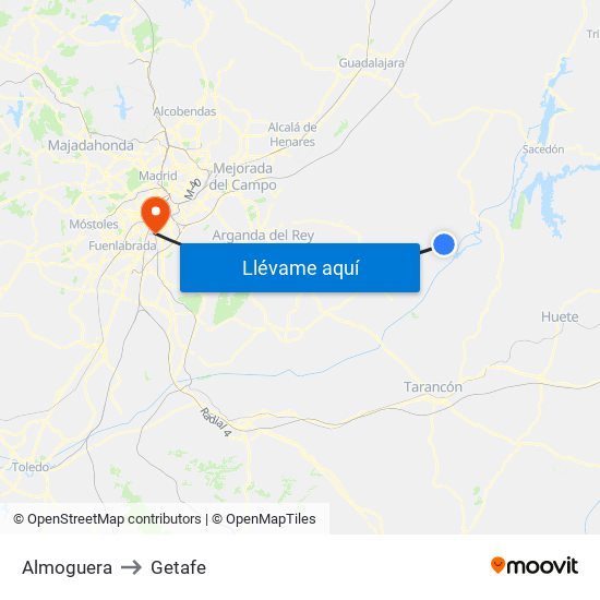 Almoguera to Getafe map