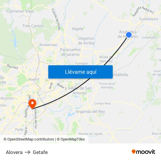 Alovera to Getafe map