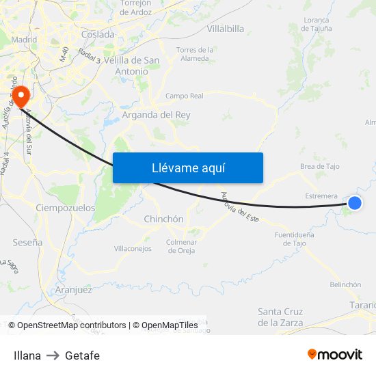 Illana to Getafe map