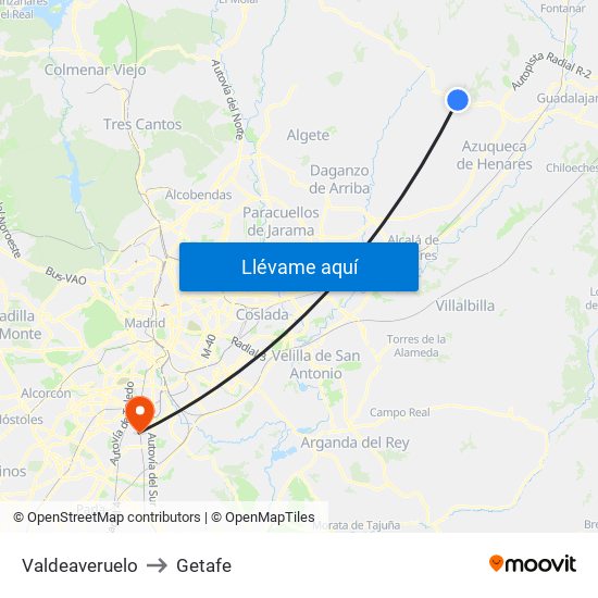 Valdeaveruelo to Getafe map
