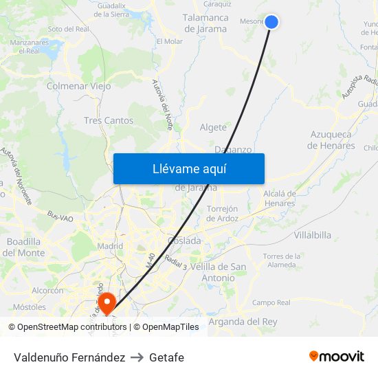 Valdenuño Fernández to Getafe map