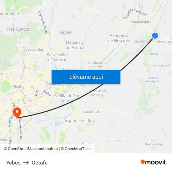 Yebes to Getafe map