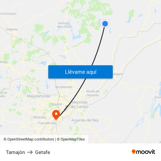 Tamajón to Getafe map