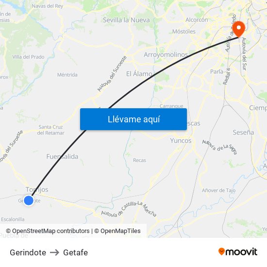 Gerindote to Getafe map