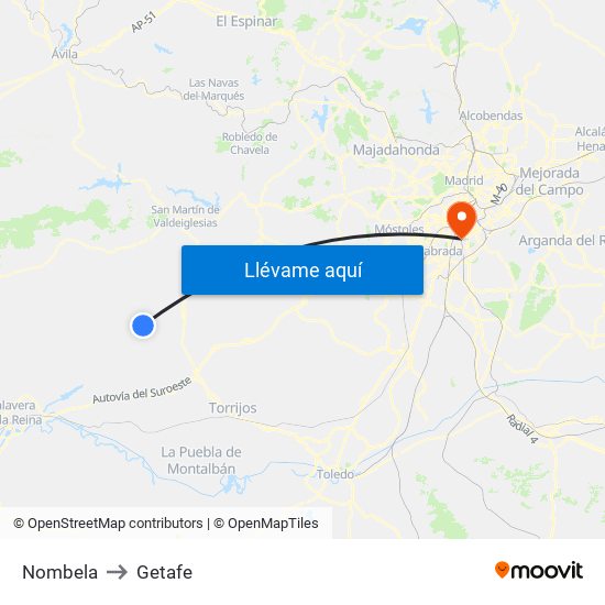 Nombela to Getafe map