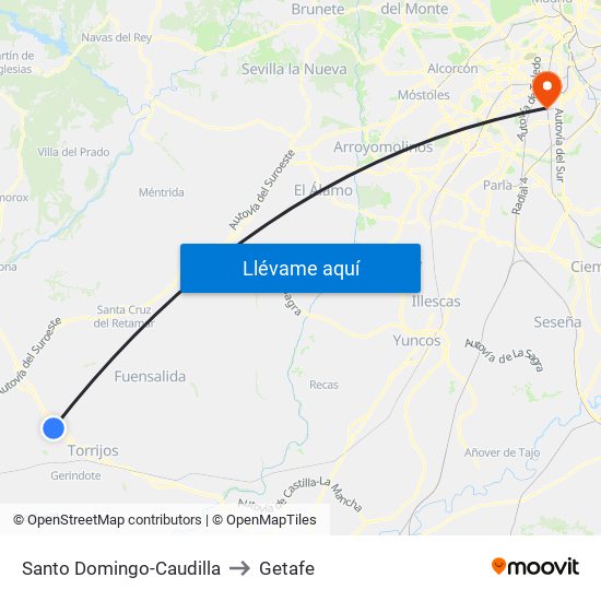 Santo Domingo-Caudilla to Getafe map