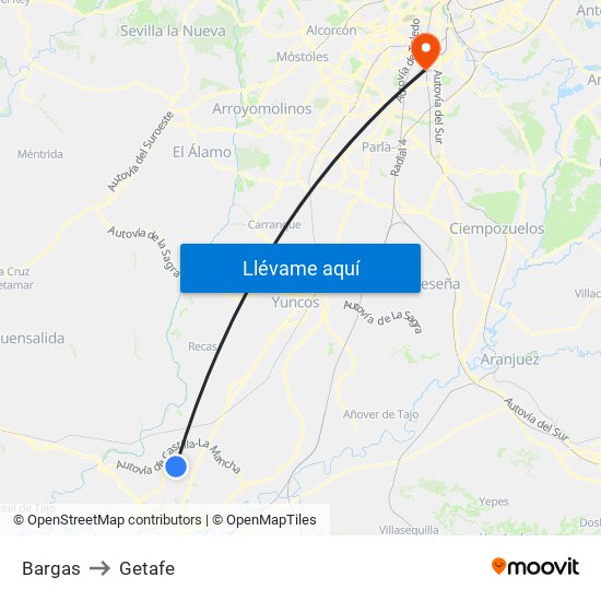 Bargas to Getafe map