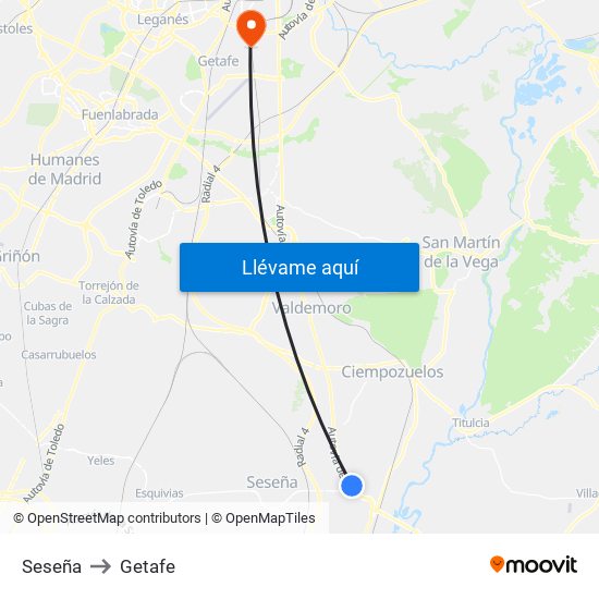 Seseña to Getafe map