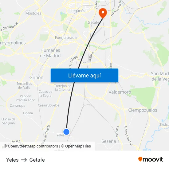 Yeles to Getafe map