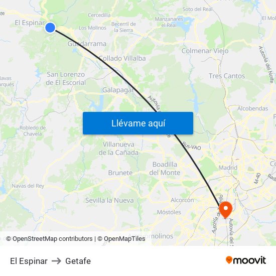 El Espinar to Getafe map