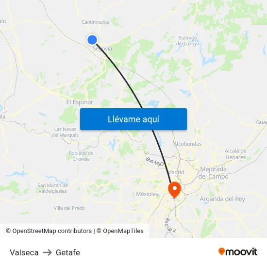 Valseca to Getafe map