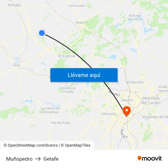 Muñopedro to Getafe map