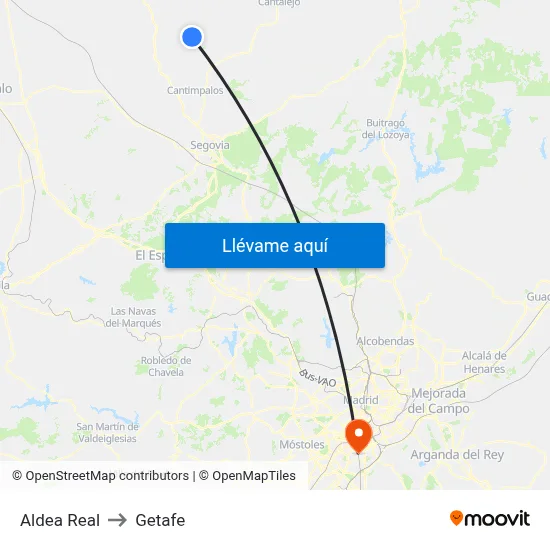 Aldea Real to Getafe map