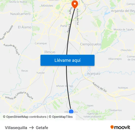 Villasequilla to Getafe map