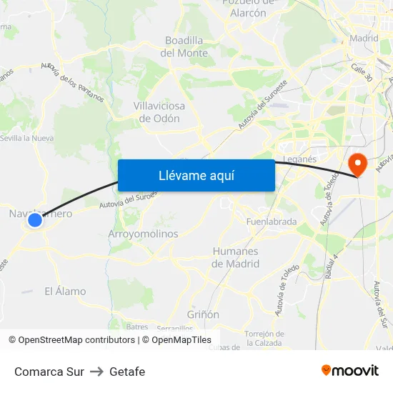 Comarca Sur to Getafe map