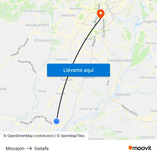 Mocejón to Getafe map