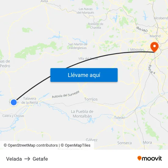 Velada to Getafe map