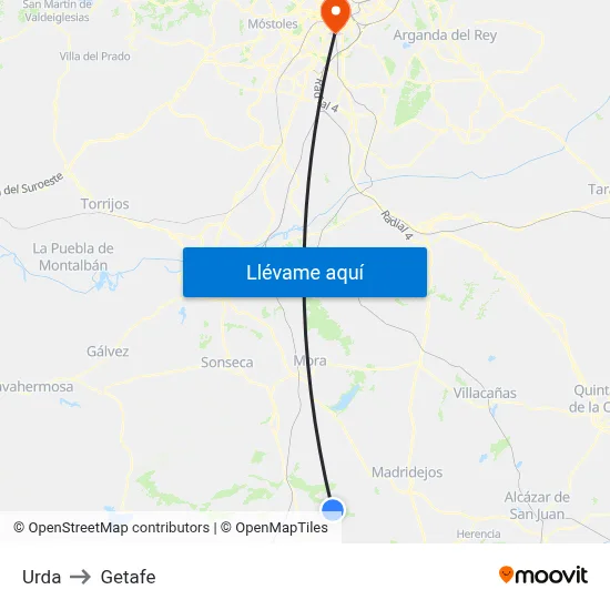 Urda to Getafe map
