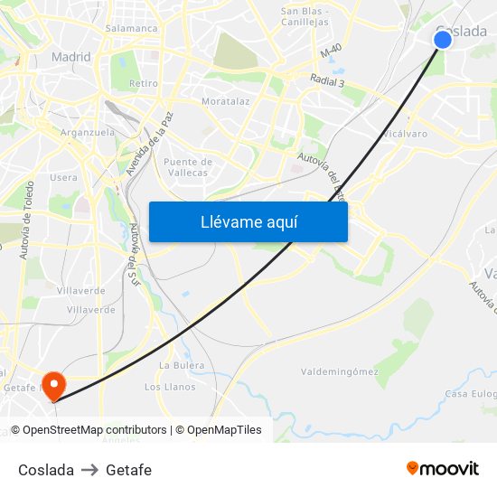 Coslada to Getafe map