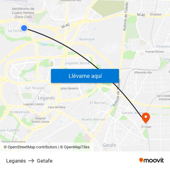 Leganés to Getafe map