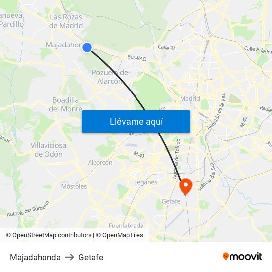 Majadahonda to Getafe map