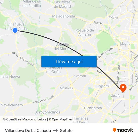 Villanueva De La Cañada to Getafe map