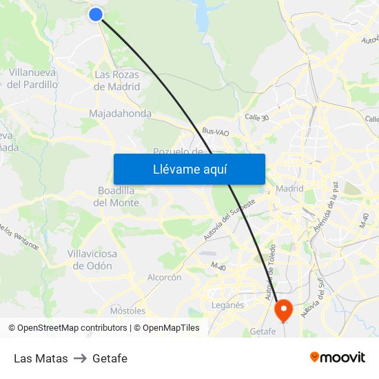 Las Matas to Getafe map