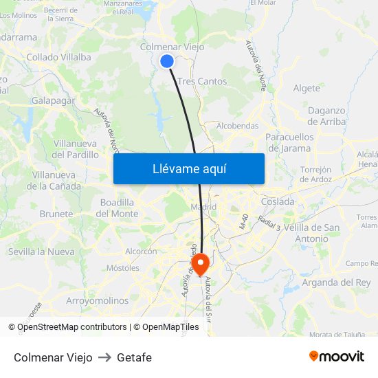 Colmenar Viejo to Getafe map