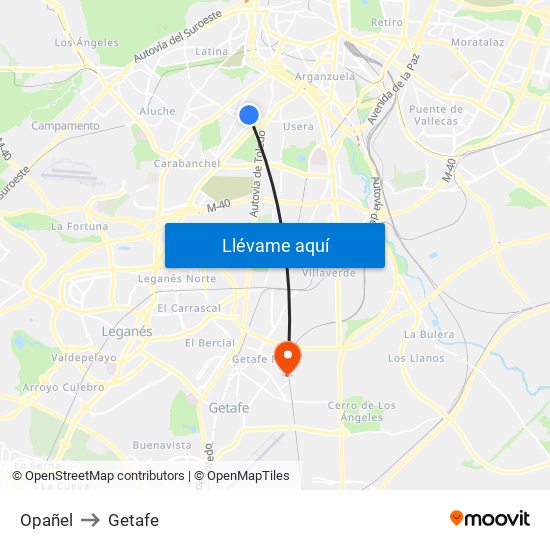 Opañel to Getafe map