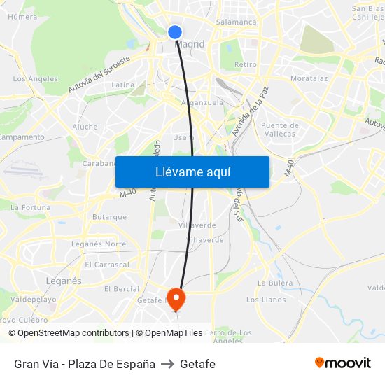 Gran Vía - Plaza De España to Getafe map