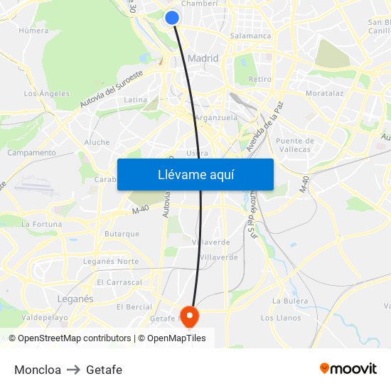 Moncloa to Getafe map