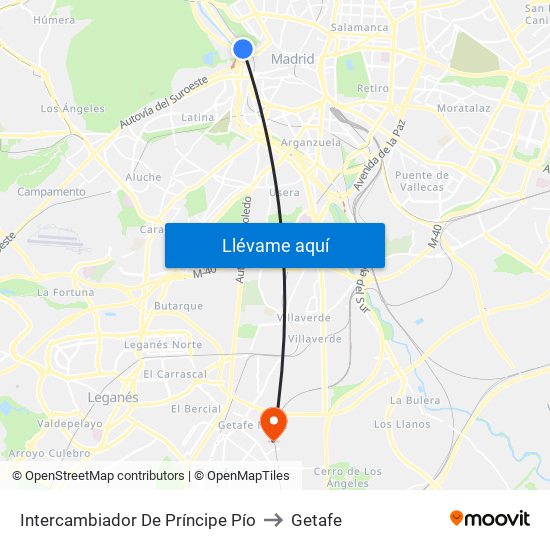 Intercambiador De Príncipe Pío to Getafe map