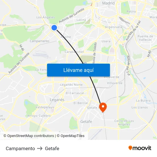 Campamento to Getafe map