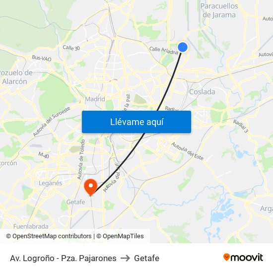 Av. Logroño - Pza. Pajarones to Getafe map