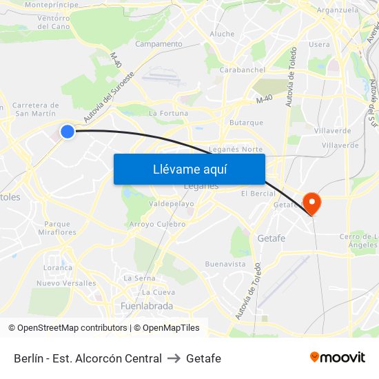 Berlín - Est. Alcorcón Central to Getafe map