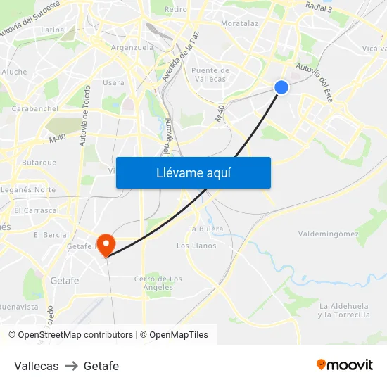 Vallecas to Getafe map