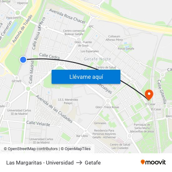 Las Margaritas - Universidad to Getafe map