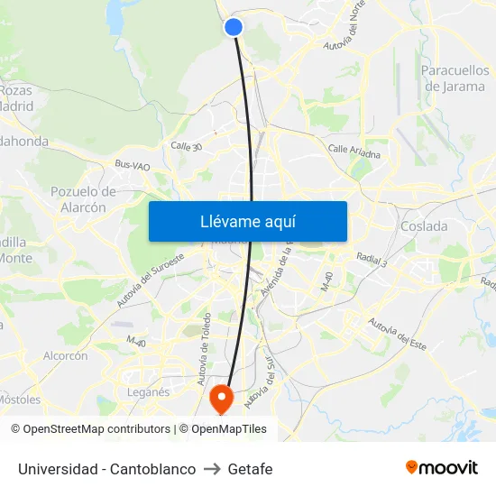 Universidad - Cantoblanco to Getafe map