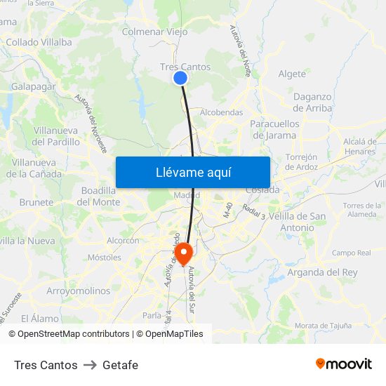 Tres Cantos to Getafe map