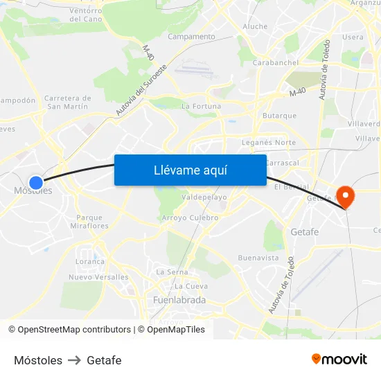 Móstoles to Getafe map
