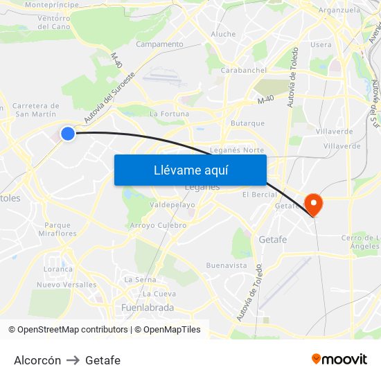 Alcorcón to Getafe map