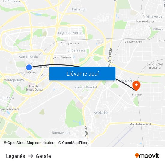 Leganés to Getafe map