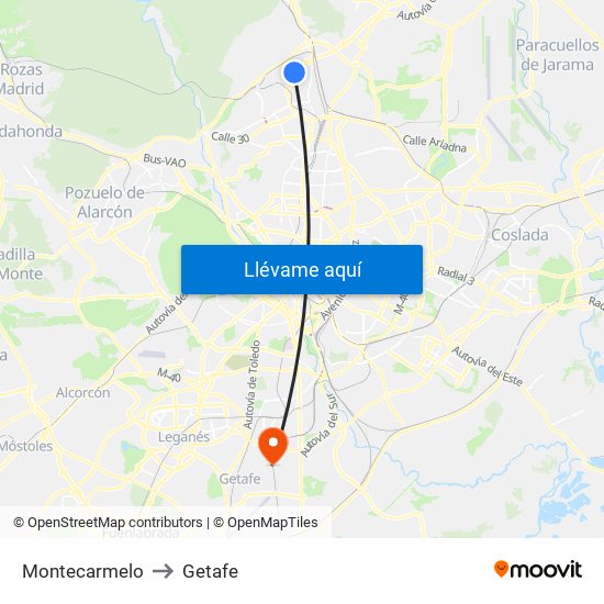 Montecarmelo to Getafe map