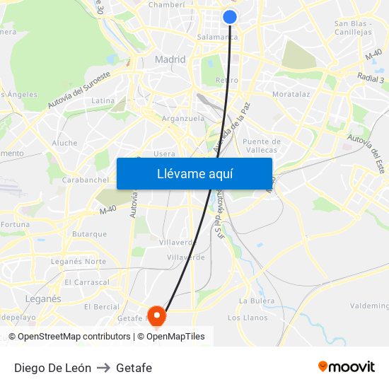 Diego De León to Getafe map