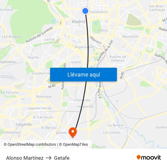 Alonso Martínez to Getafe map