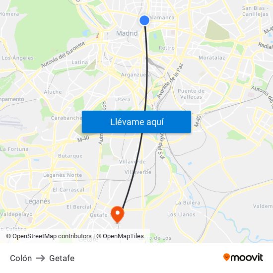 Colón to Getafe map