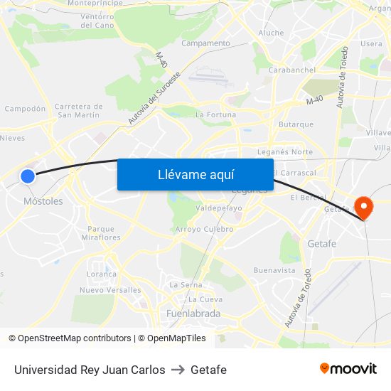Universidad Rey Juan Carlos to Getafe map