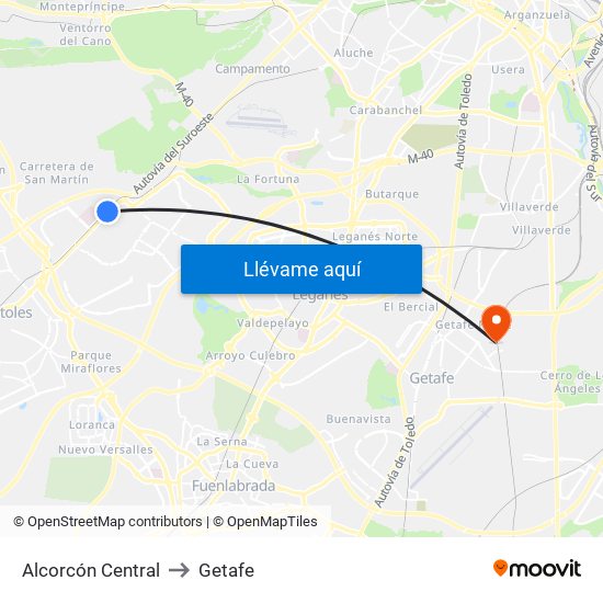 Alcorcón Central to Getafe map